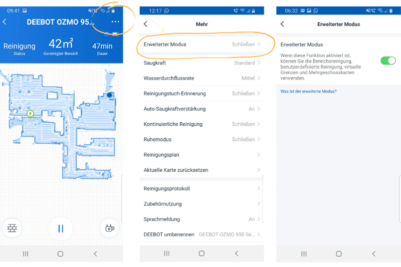 Erweiterter Modus wird in der Ecovac Home App aktiviert